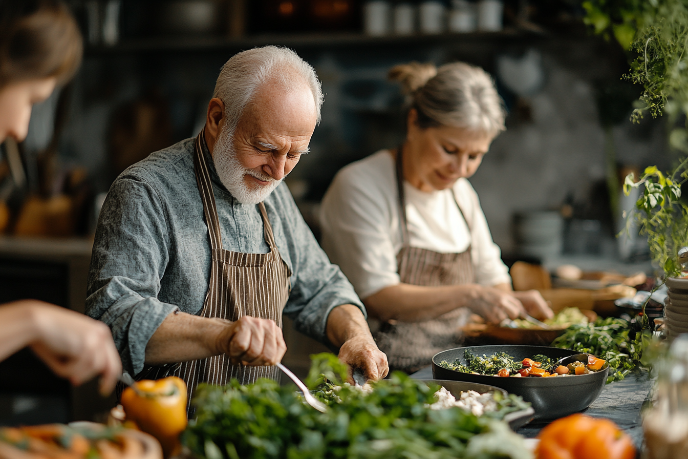 Щаслива пара старшого віку готує здорову їжу